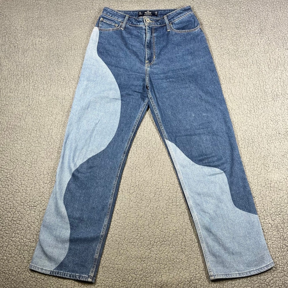 Hollister Ultra High-Rise Dad Jeans 7S W28‎ L29 Two Tone Colorblock Swirl Blue